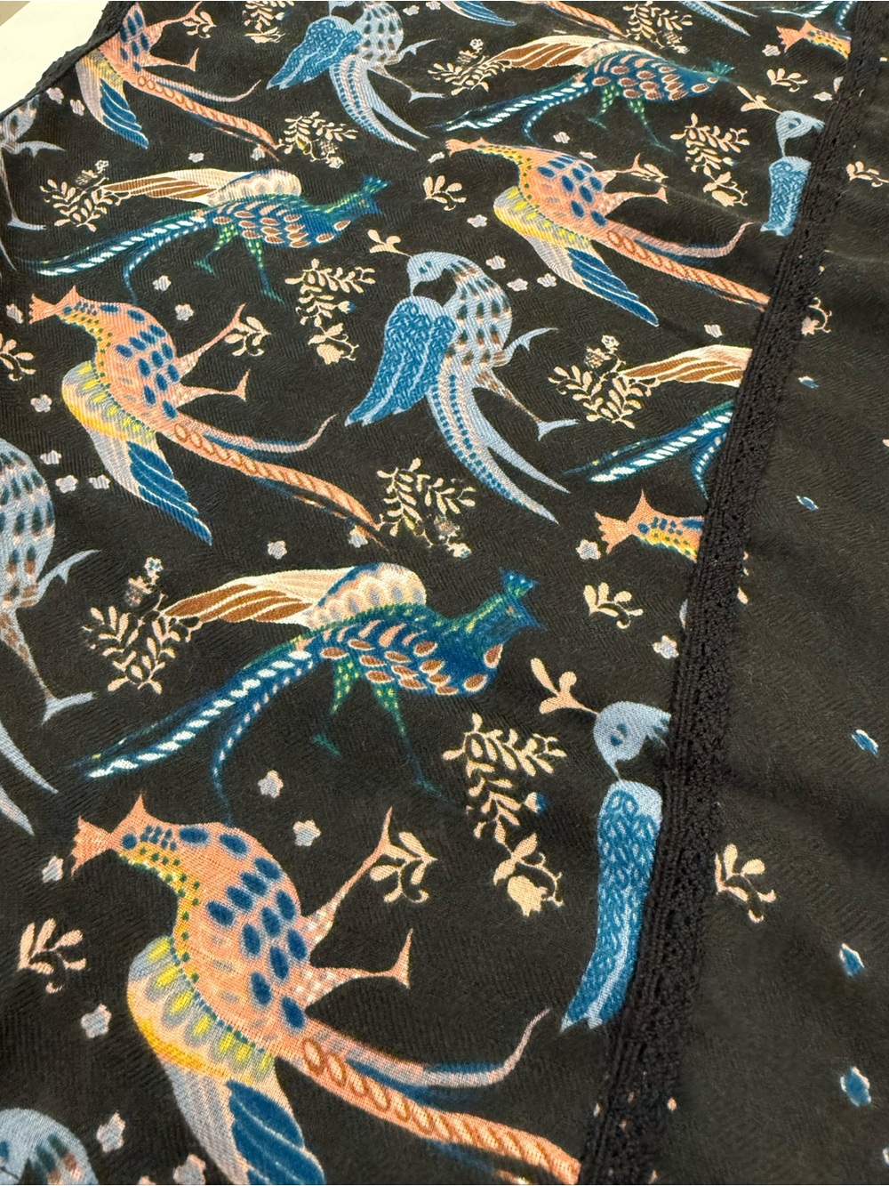 LOFT Black Bird Print Wrap Scarf with Blue and Peach Accents